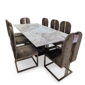 8-Seater Marble Dining Set with Brown Chairs