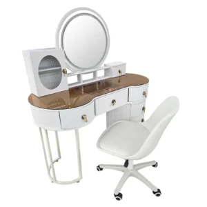 White Vanity Table with Round Mirror and Chair