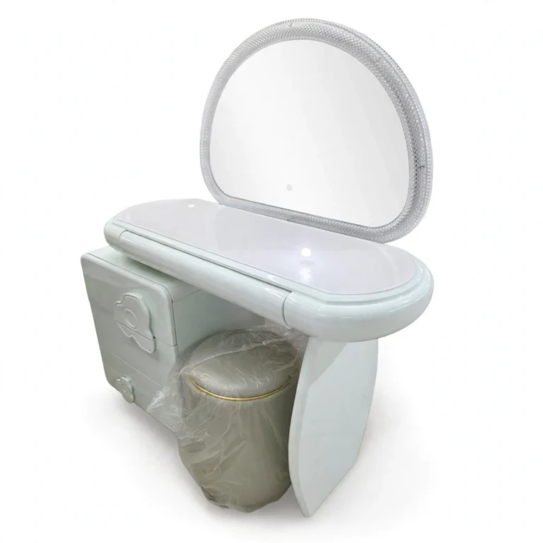 White Vanity Table with Oval LED Mirror and Stool